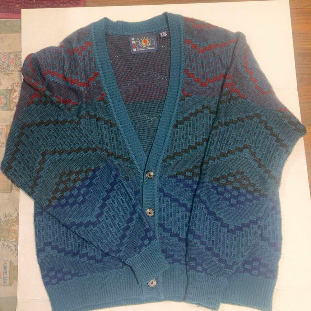 Vintage 90s Teal Geometric Knit Cardigan Sweater